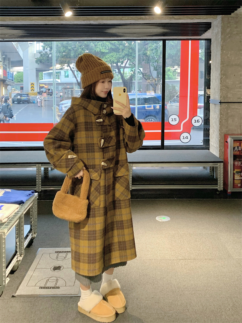 Actual shot of autumn and winter hooded denim button plaid double-sided cashmere coat mid-length woolen coat