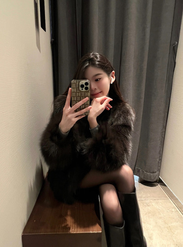 Actual shot Korean style loose coat eco-friendly fur one-piece fur coat high-end mocha brown