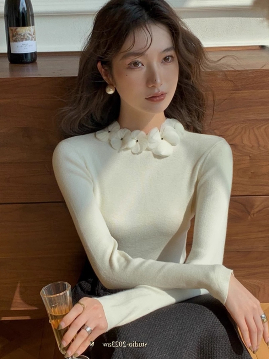 法式氣質花朵領針織打底衫女毛衣秋冬高級感超好看別致絕美小上衣
