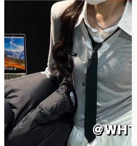 韩系学院纯欲风设计感拼接polo领假两件上衣拼色配领带衬衫T恤女