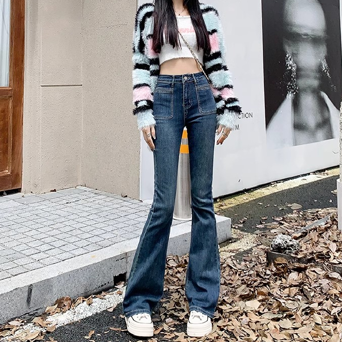 復古高腰微喇叭牛仔褲女秋冬季新款設計感彈力修身顯瘦百搭馬蹄褲