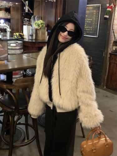 Actual shot ~ Korean style fashionable loose casual contrast color hooded splicing long-sleeved fur coat for women