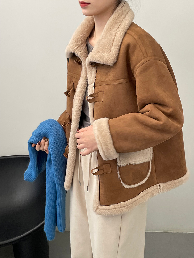 Actual shot ~ Korean style autumn and winter retro warm lambswool coat for women with lapel suede fur all-in-one top