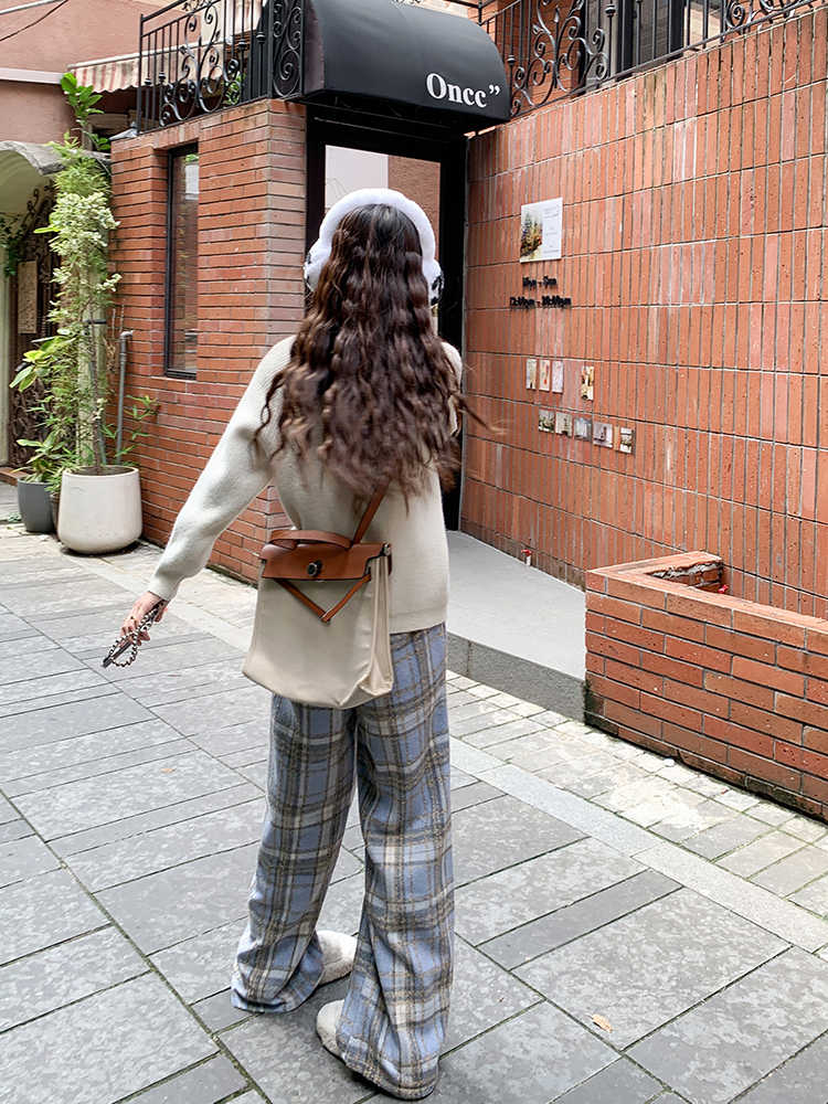 復古毛呢加絨格子褲女秋冬棉褲高腰垂感褲窄版闊腿褲