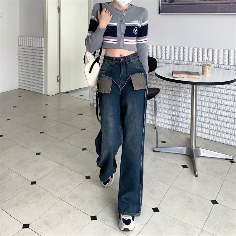 大碼女裝設計感牛仔褲女直筒高腰秋冬寬鬆顯瘦梨型身材闊腿長褲子