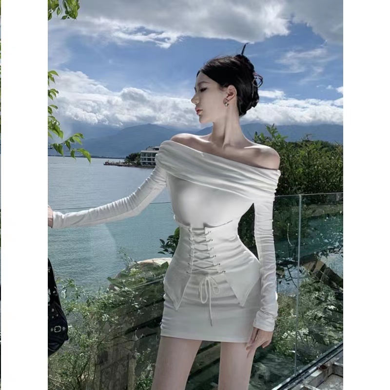 歐美裙子性感一字肩束腰緊身包臀短裙辣妹顯身材長袖連衣裙女秋季