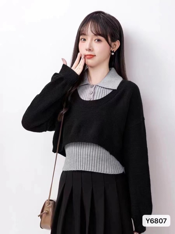2023秋冬新款美式復古短款罩衫+翻領坑條背心套裝兩件套