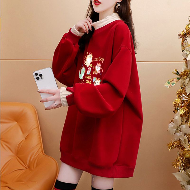 純棉複合超柔秋冬超火龍年印花紅色假兩件半高領加絨衛衣女潮