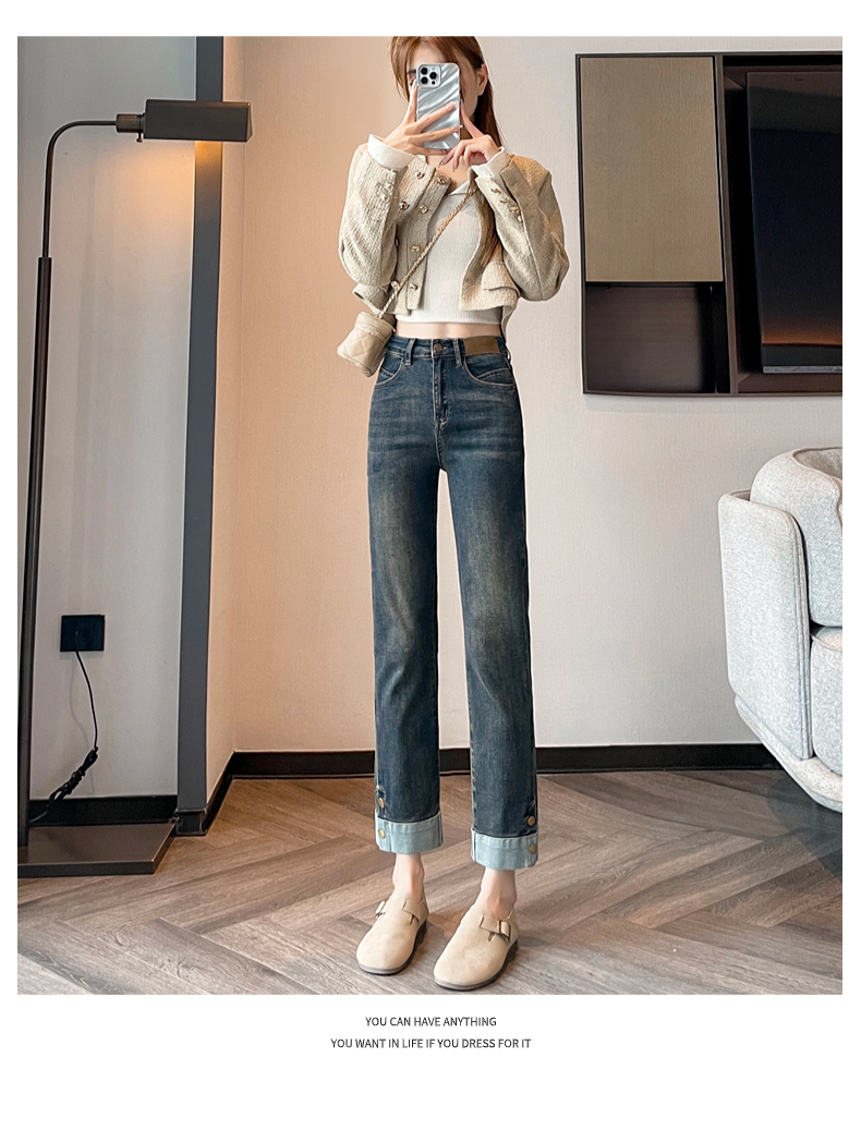 實拍2024早春新款直筒寬鬆翻邊牛仔褲女