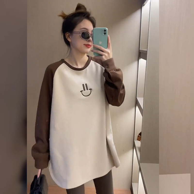 德絨280克笑臉刺繡加絨打底衫女加厚中長款外穿內搭拼色插肩袖T恤
