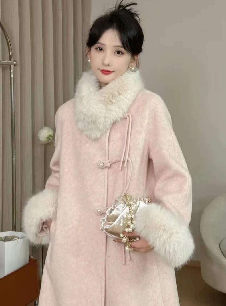 SHAOER Lotus Branch Peach Pink Coat Women's Autumn and Winter Mid-Length Plate Button Padded Coat