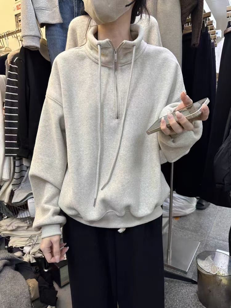 2023年秋冬新款韓版寬鬆高領拉鏈設計通勤休閒百搭加絨套頭衛衣女