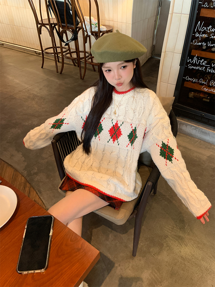 實拍 聖誕氛圍感~秋冬韓chic菱形保暖聖誕毛衣套裝