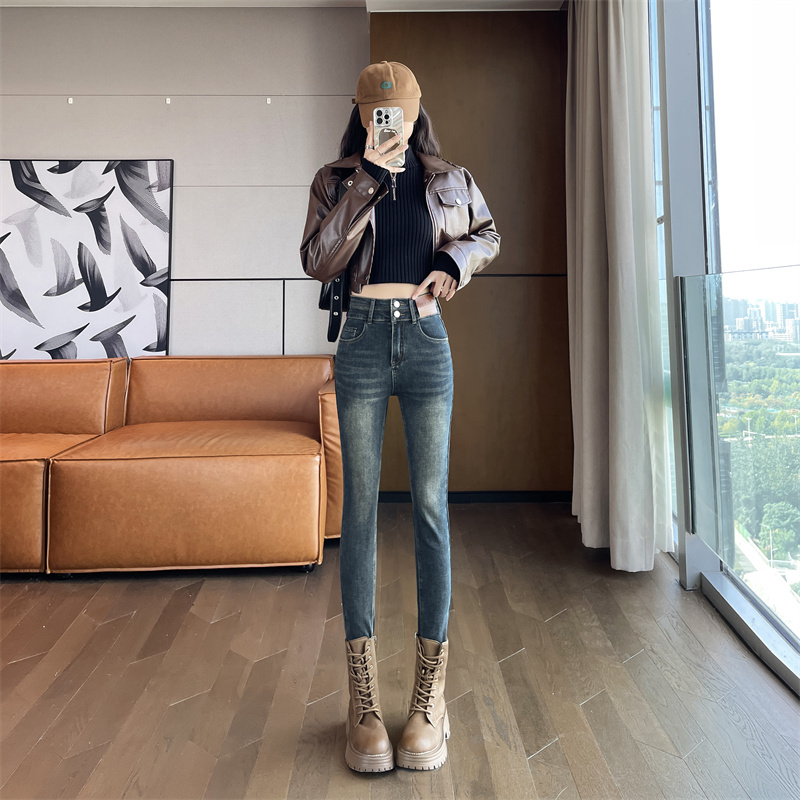 實拍2024早春時尚潮流修身美式復古牛仔褲女