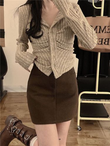 Real shot of designer irregular knitted sweater pleated slimming top + high-waisted woolen skirt for women
