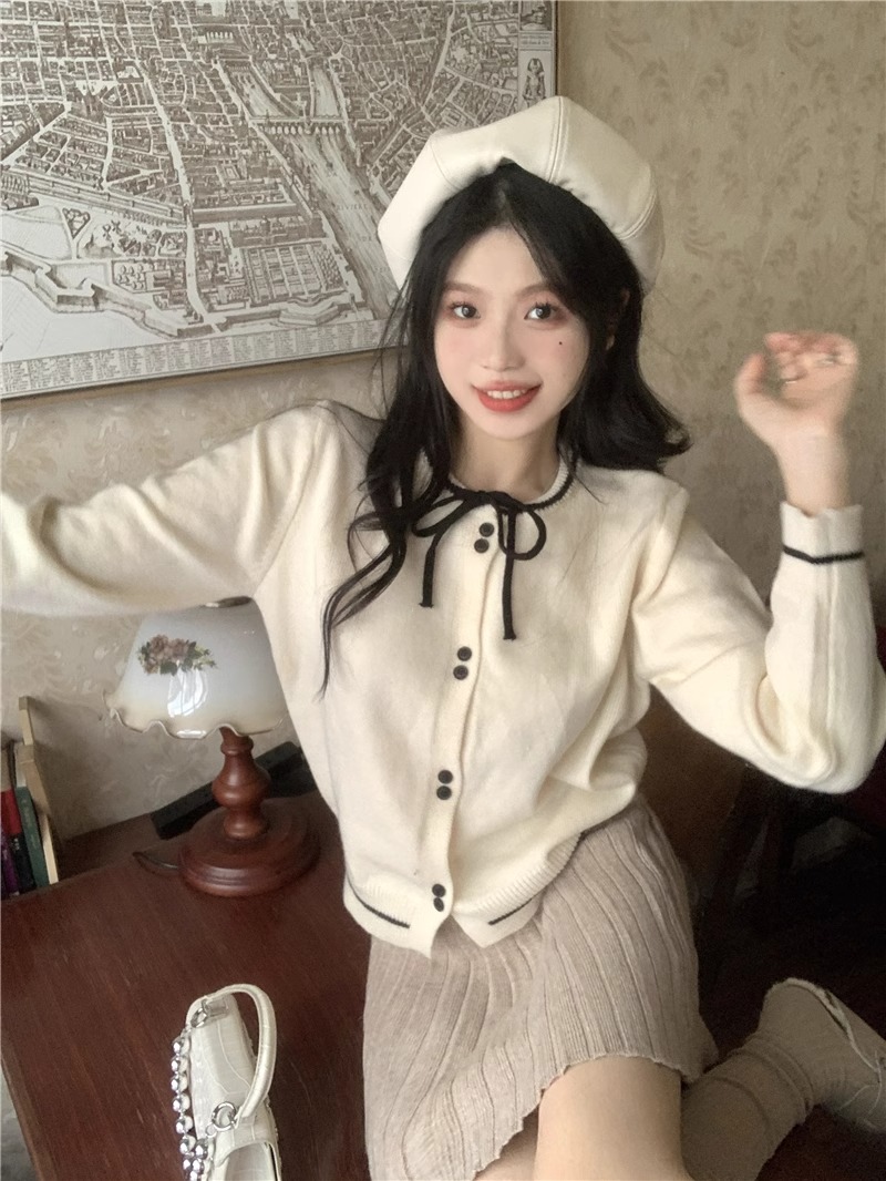 Living color core-spun yarn 270g Korean style contrast color long-sleeved bow sweater cardigan loose slimming short style