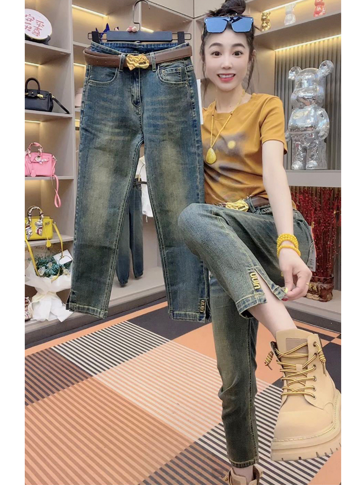 大碼高腰彈力開叉九分牛仔褲女秋胖妹妹mm梨型身材顯瘦直筒煙管褲