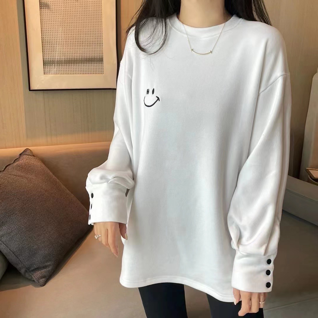 German velvet 280g embroidered smiley button long-sleeved T-shirt for women in autumn and winter loose mid-length double-sided German velvet bottoming shirt trendy
