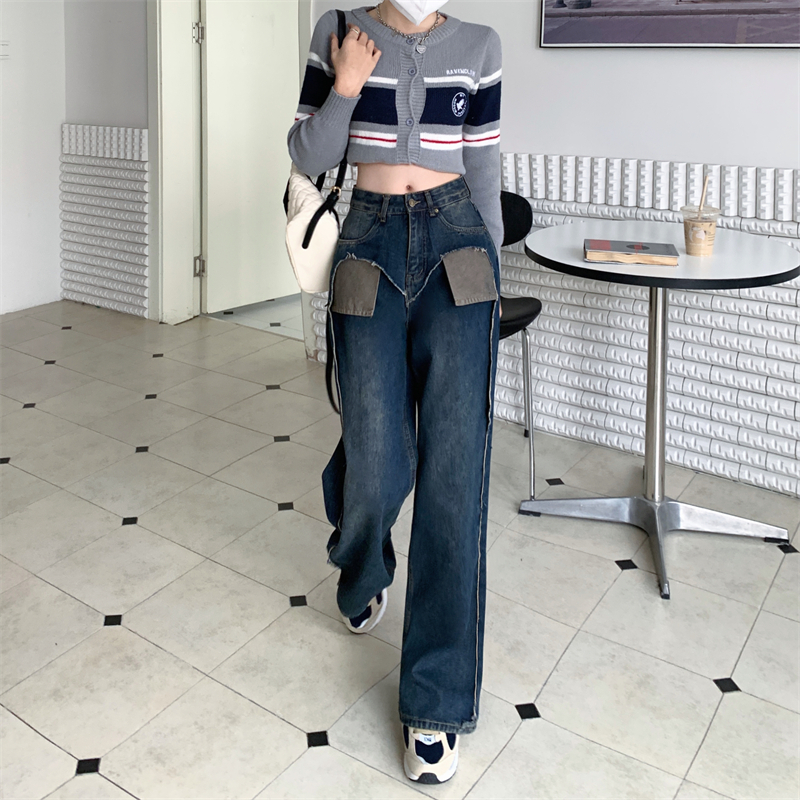 大碼女裝設計感牛仔褲女直筒高腰秋冬寬鬆顯瘦梨型身材闊腿長褲子