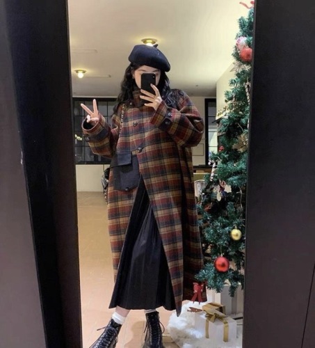 Exquisite plaid Christmas shirt 23 new autumn and winter Korean small stand-up collar thickened cashmere coat women's wool jacket