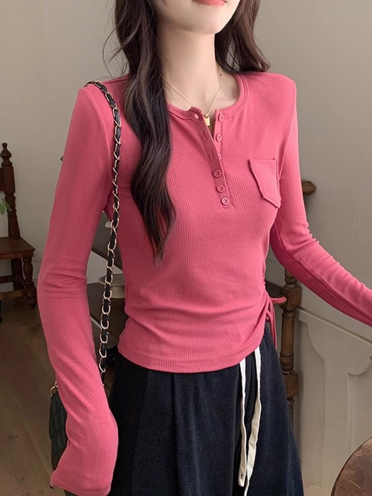 半開領抽繩收腰打底衫女秋設計感短款緊身上衣內搭長袖T恤