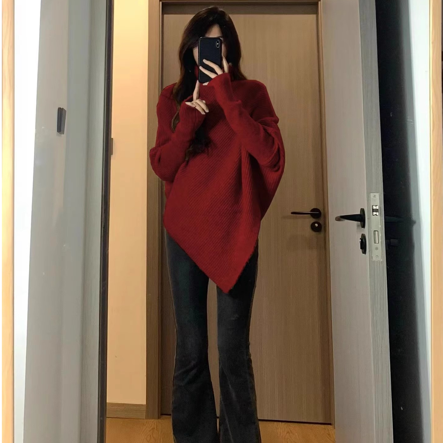 不規則高領毛衣女2023秋冬季新款溫柔韓系過年紅色慵懶風加厚