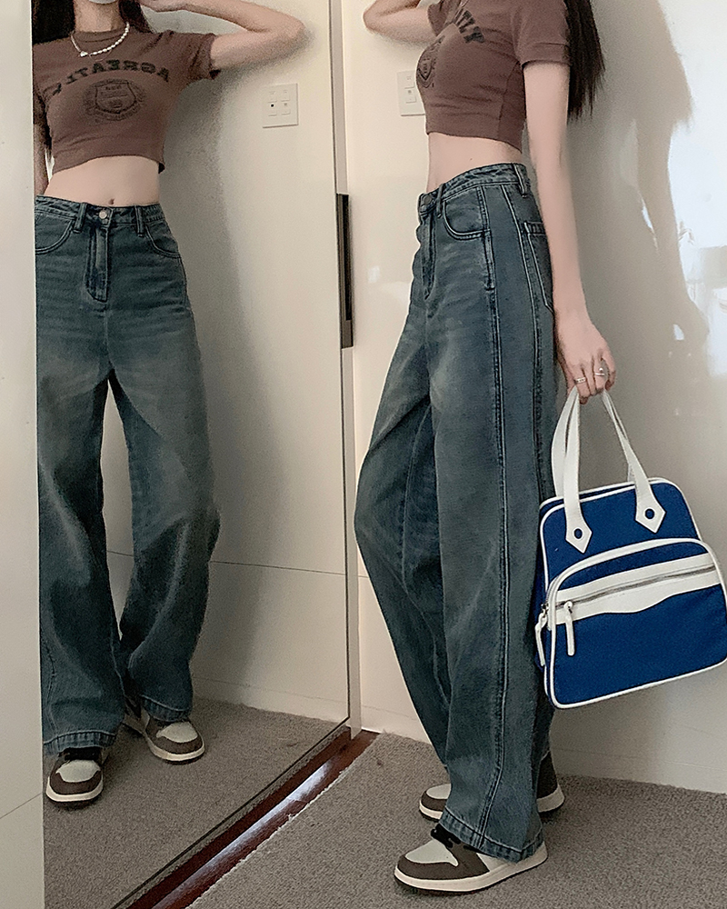 實拍 復古磨白牛仔褲女高腰顯瘦寬鬆直筒闊腿拖地長褲子