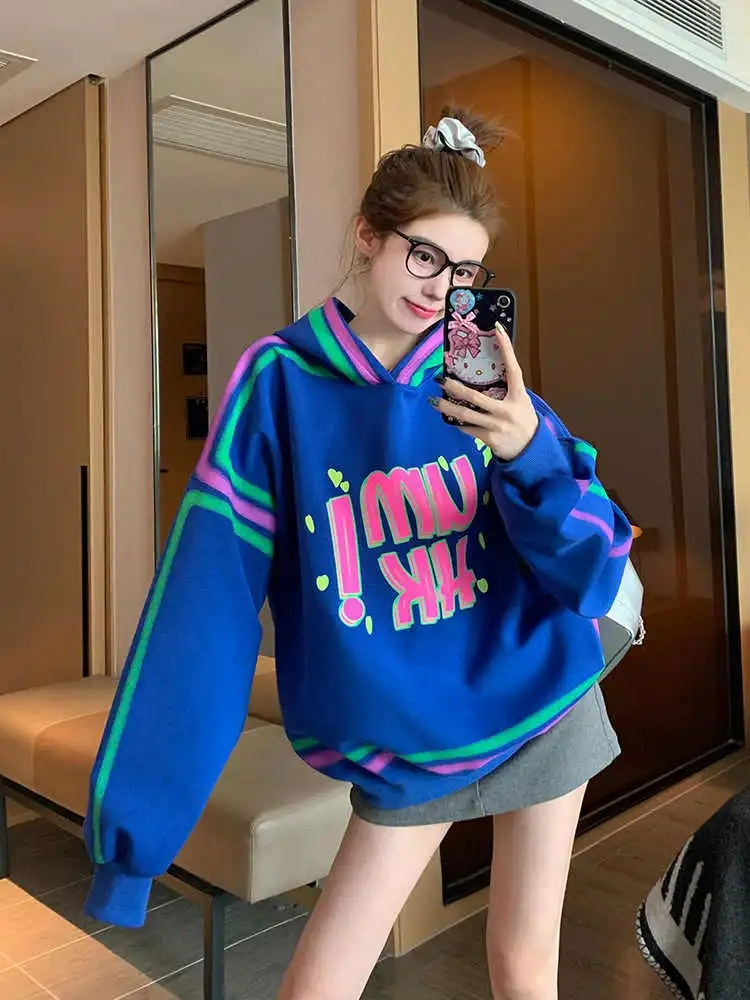 2023 new American high street hooded pullover sweatshirt for women autumn and winter plus velvet and thickened niche retro top trend