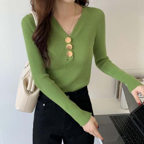 Actual shot of  new V-neck bottoming sweater with metal buttons Korean style tight fashion knitted top for women to look slim