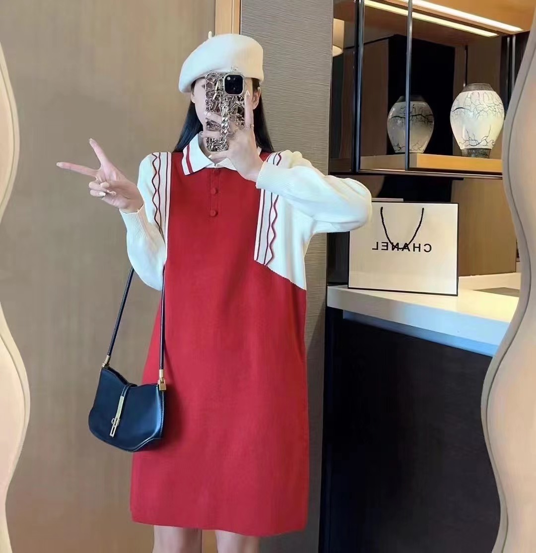 美拉德中長款打底毛衣裙女秋冬大碼胖mm顯瘦法式Polo領針織連衣裙