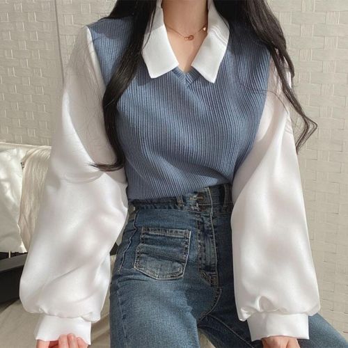 New large size fat mm fake two-piece T-shirt for women with spliced ​​POLO collar long-sleeved sweatshirt loose top for women to wear outside