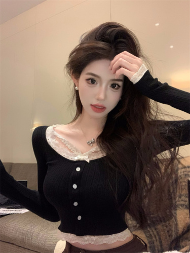 Actual shot of short hot girl lace knit top slim fit bottoming versatile long-sleeved T-shirt