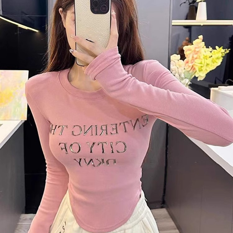 磨毛燙金立體字母印花長袖T恤女秋冬新款修身顯瘦圓領打底衫上衣