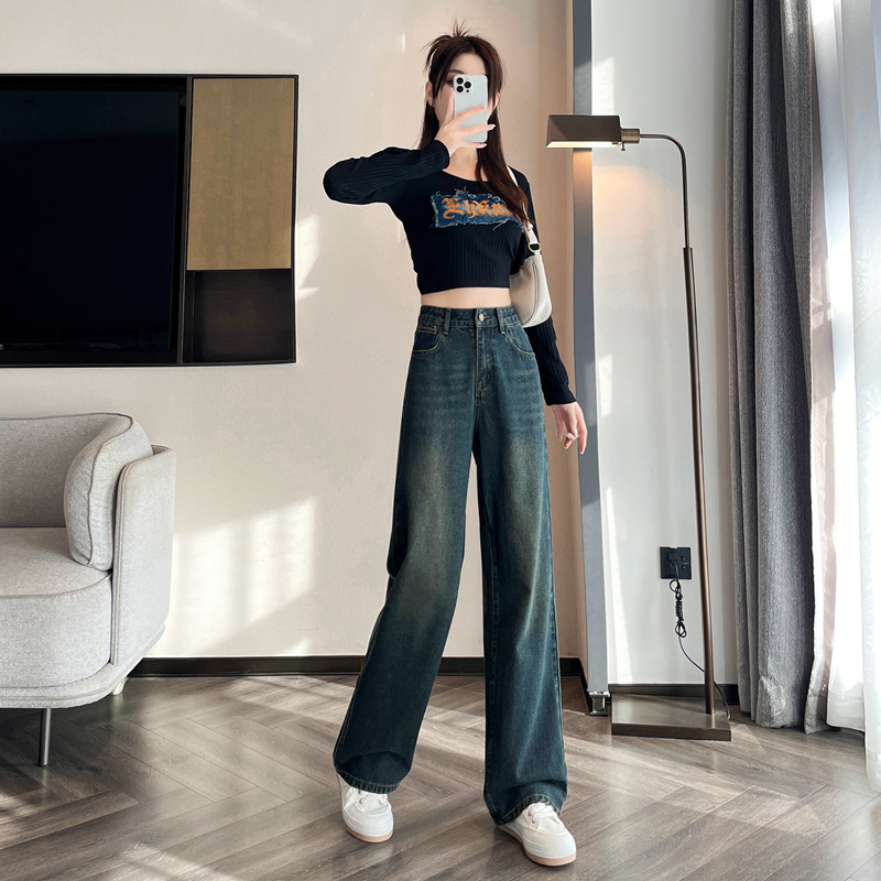 實拍2024早春時尚潮流寬鬆闊腿美式復古牛仔褲女