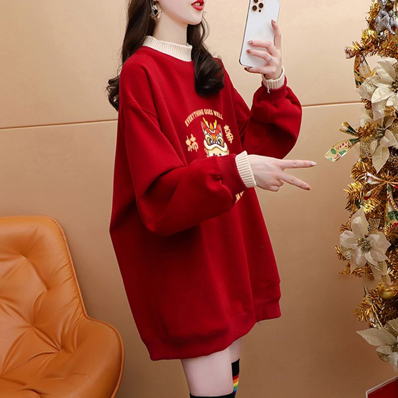純棉複合超柔秋冬超火龍年印花紅色假兩件半高領加絨衛衣女潮