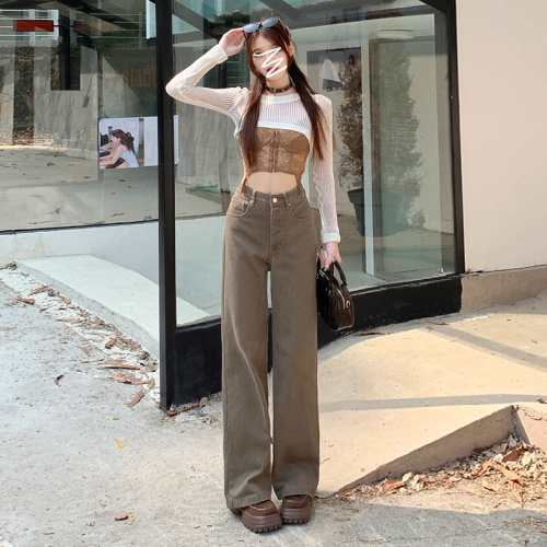 Actual shot of new autumn and winter jeans for women, high-waisted, straight, slim, loose, popular Maillard floor-length wide-leg pants