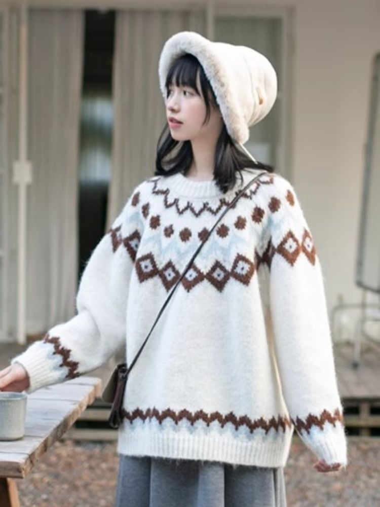 北極絨提花菱格毛衣套頭秋冬針織衫上衣女
