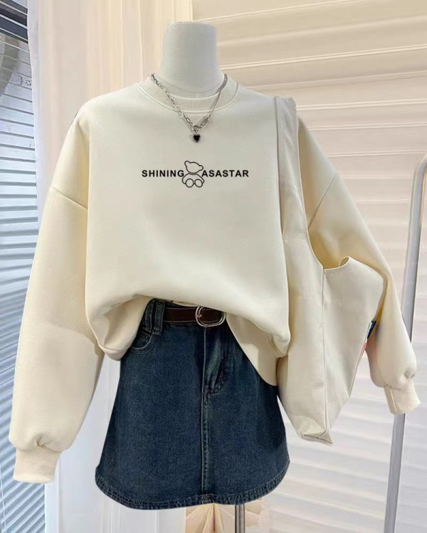 2023 new velvet thickened printed sweatshirt women's round neck simple high-end top