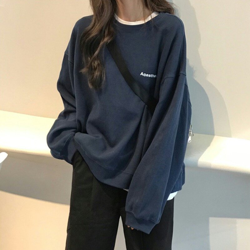 新款韓版簡約字母寬鬆顯瘦圓領長袖衛衣女學生薄款外套