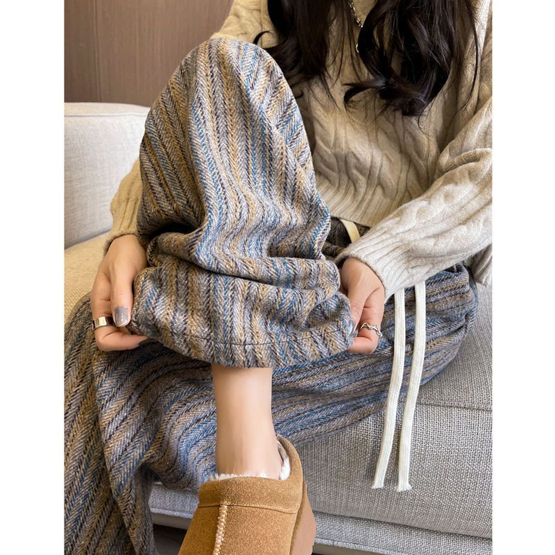 美拉德豎條紋闊腿褲女秋冬季加絨高腰休閒大碼垂感慵懶感拖地長褲