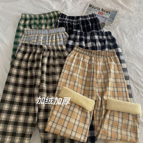 Black and White Checkered Women's Autumn/Winter Lamb Wool Wide Leg Pants High Waisted Straight Leg Casual Pants Ins Trend