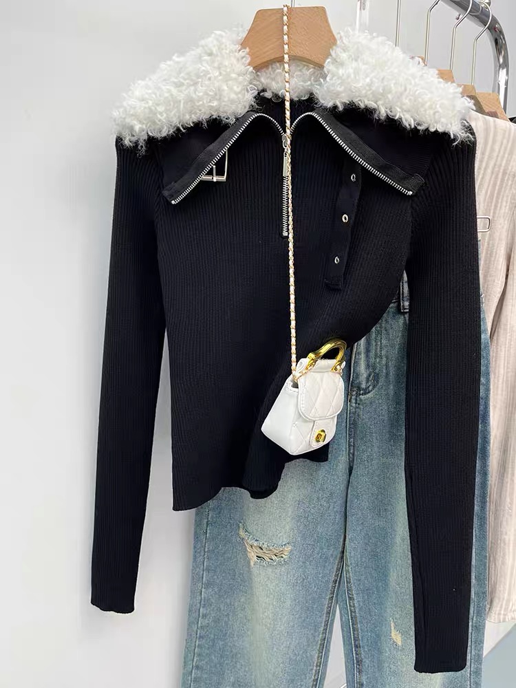 Internet celebrity's same 2023 autumn new niche model imitation lamb fur collar zipper temperament socialite knitted sweater sweater