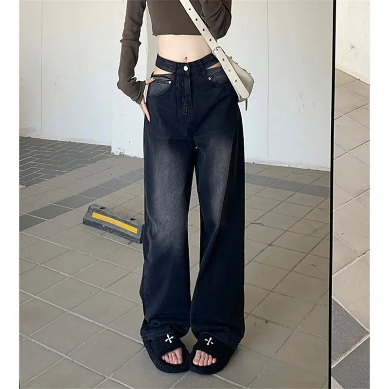 Wide-leg jeans for women, loose, spring and autumn 2024 new hot girl high-waist design, slimming, versatile floor-length pants, trendy