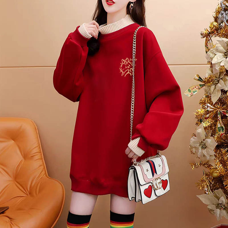 純棉複合超柔秋冬超火龍年印花紅色假兩件半高領加絨衛衣女潮