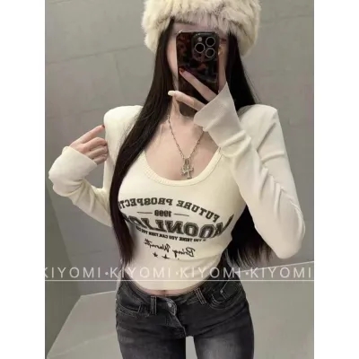 KIYOMI2023 new autumn and winter American hot girl round neck printed right-angle shoulder slim knitted sweater with slim fit