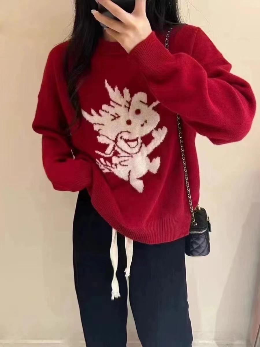 美式潮牌毛衣秋冬季新款寬鬆刺繡圓領情侶寬鬆針織打底衫