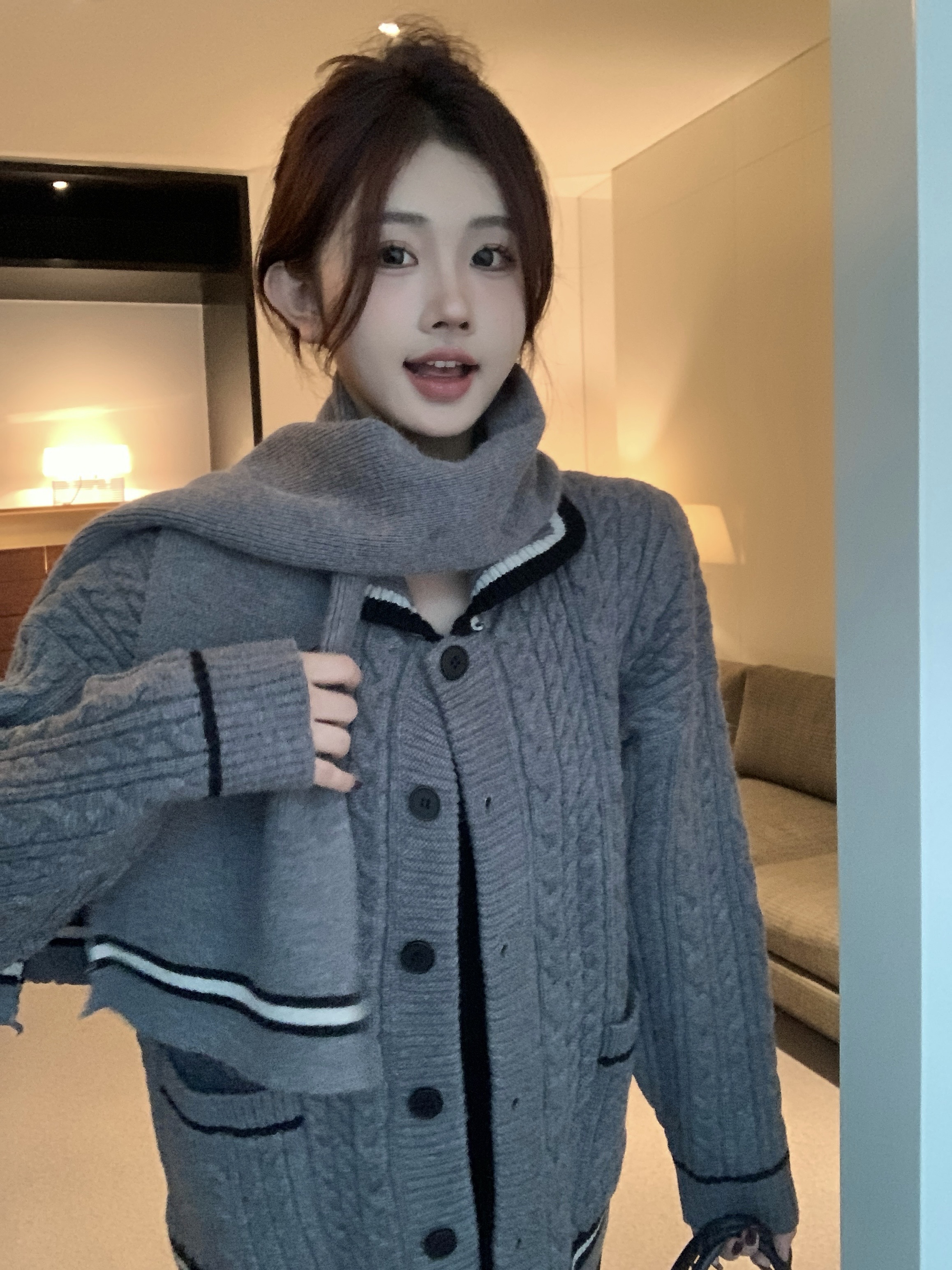 實拍 韓系復古麻花加厚毛衣外套女秋冬新款慵懶風上衣配圍巾
