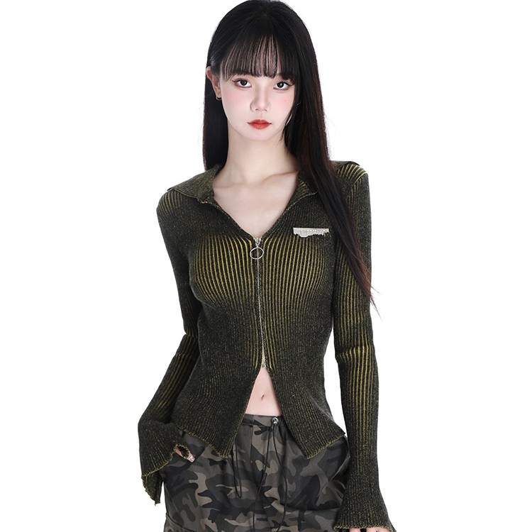 Sweet and spicy bm style zipper sweater jacket for women 2023 autumn and winter new v-neck cardigan with navel-baring long-sleeved top