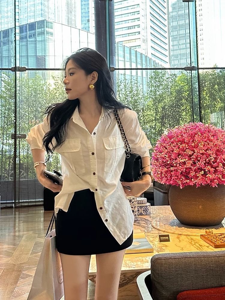 白色長袖polo領襯衫女秋季寬鬆中長款襯衣外套設計感小眾氣質上衣