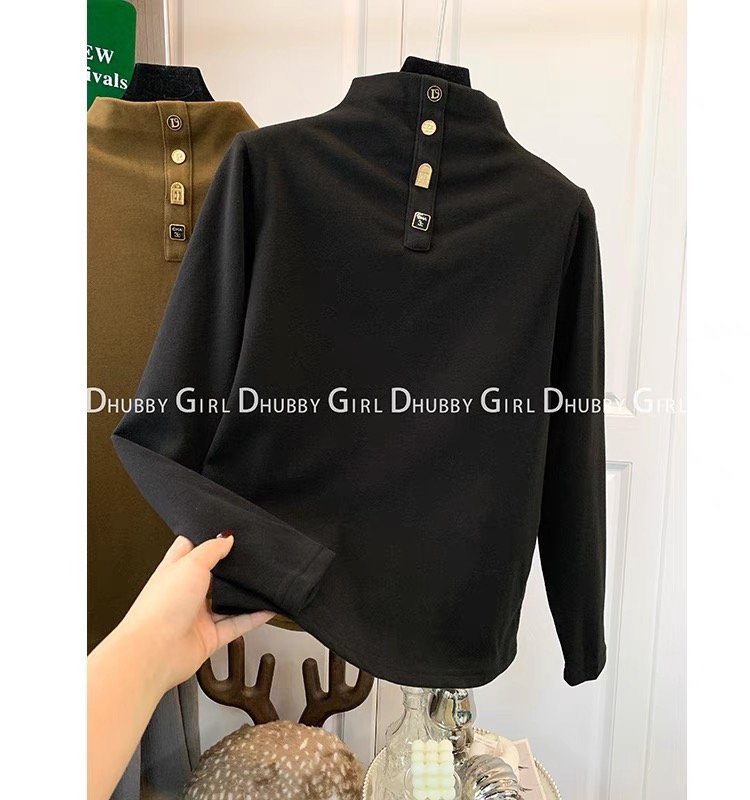 Designed button half turtleneck brushed German velvet long-sleeved T-shirt for women 2023 autumn and winter new inner layering shirt top